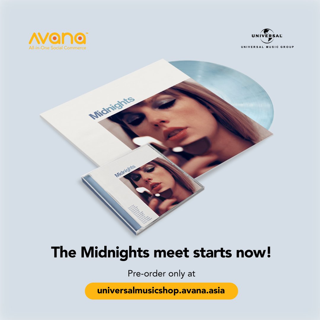 IT’S. FINALLY. HERE. #Swifties 😻

Grab your own collection of Taylor ‘Midnights’ now available for pre-order on SEA Universal Music Group Store at universalmusicshop.avana.asia.

#TaylorSwiftMidnights #MidnightsTS #TaylorSwift