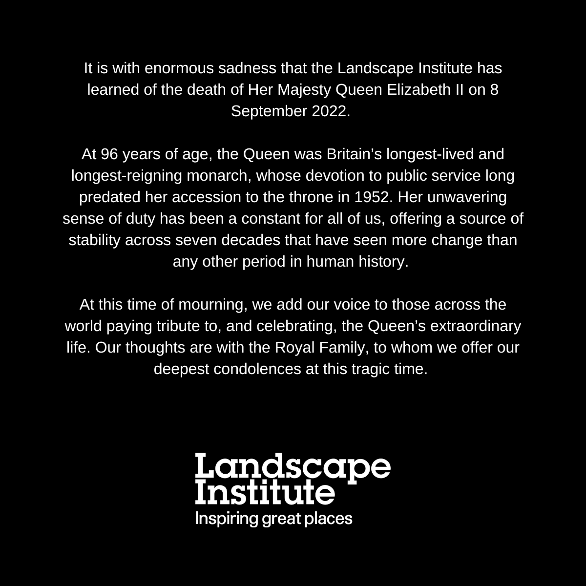 talklandscape's tweet photo. It is with enormous sadness that the LI learned of the death of Her Majesty Queen Elizabeth II on 8 September 2022. https://t.co/qEFsRLxPrd https://t.co/5RA5GxaDUN