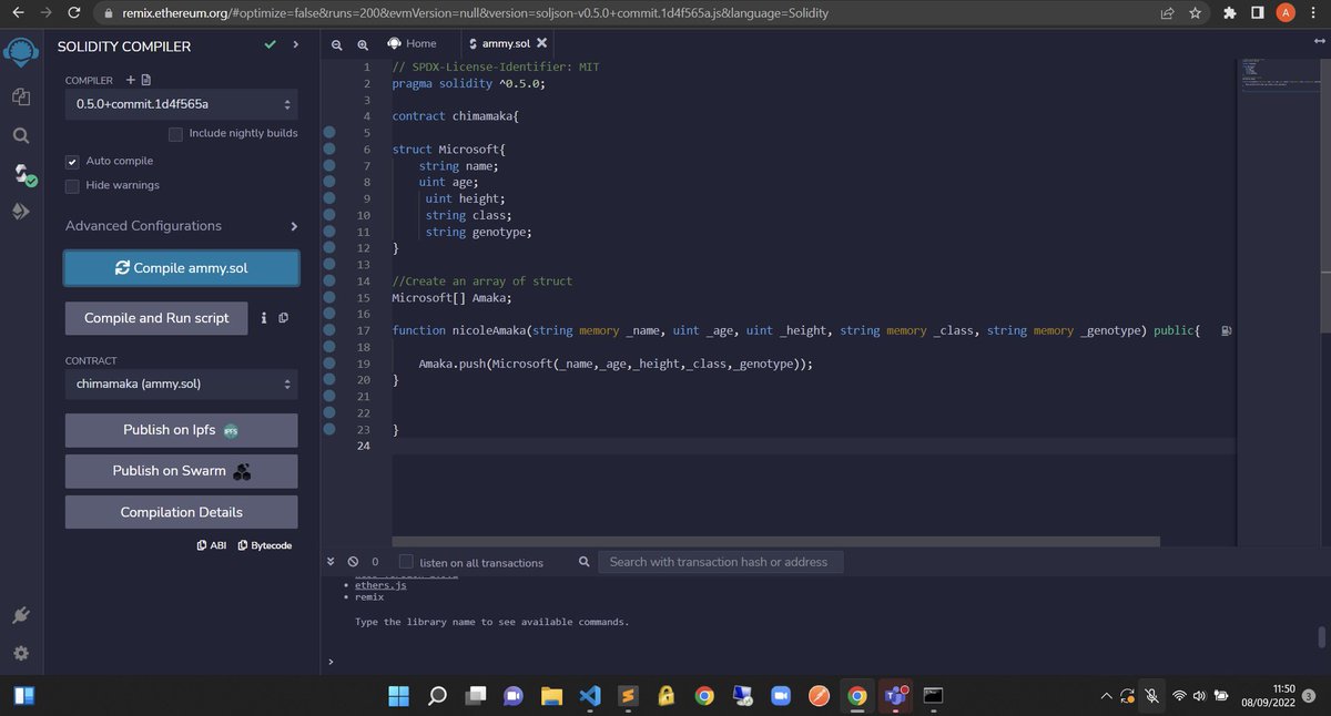 techwithnace's tweet photo. Last week I wrote my first Solidity contract using Remix IDE - @EthereumRemix 
So far it’s been an amazing journey. I’ve been able to learn how Structs and Arrays work in @solidity_lang https://t.co/Qt4boCuqAa