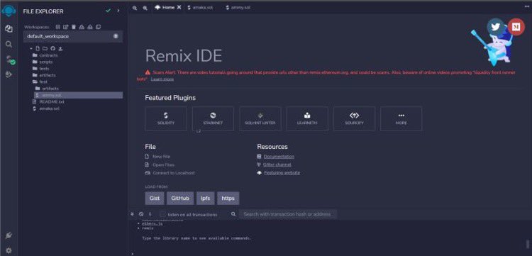 techwithnace's tweet photo. Last week I wrote my first Solidity contract using Remix IDE - @EthereumRemix 
So far it’s been an amazing journey. I’ve been able to learn how Structs and Arrays work in @solidity_lang https://t.co/Qt4boCuqAa