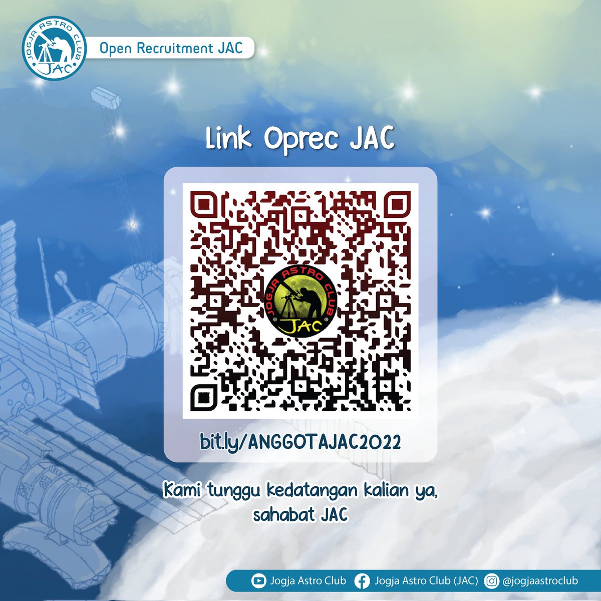 JogjaAstroClub's tweet photo. Salam antariksa! 

Haloooo!!!! 
Apa kabar, sahabat JAC? 

Kami mengundang kalian yang memiliki ketertarikan dan semangat dengan Astronomi untuk belajar sekaligus menjadi bagian dari komunitas kami. 

Langsung saja daftarkan diri kalian melalui https://t.co/TRkJc79ja8 https://t.co/pSJJ2seAAc