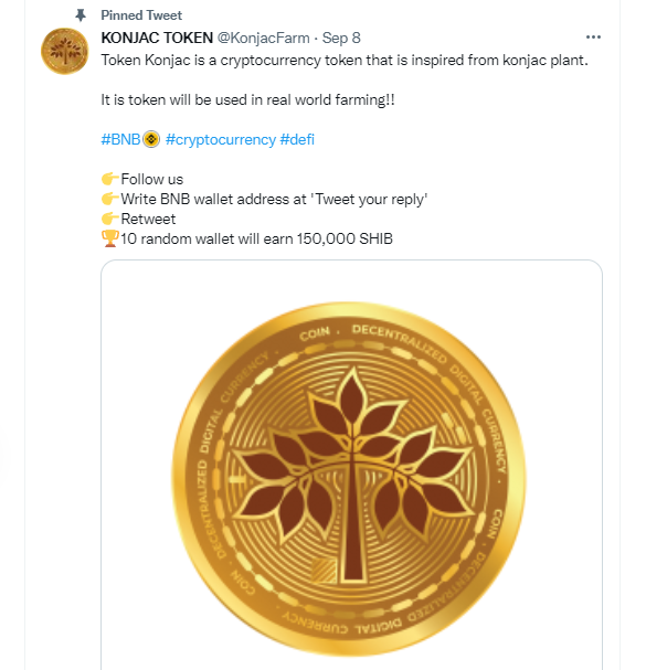 Follow Token Konjac twitter  to get latest update on Token Konjac. 

Let's Grow with Token Konjac!!

#BNB #cryptocurrency #defi

👉Follow us
👉Write BNB wallet address at 'Tweet your reply'
👉Retweet
🏆10 random wallet will earn 1,000 EDXA