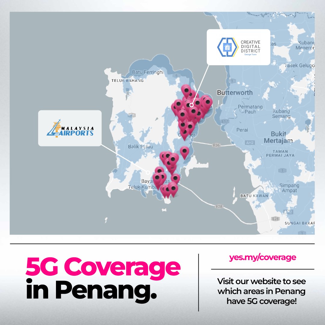 Yes_Telco's tweet photo. The wait is over, 5G is now in Penang! You can enjoy #SwitchTo5G and enjoy 5G coverage in selected areas in Penang such as the Penang Creative Digital District &amp; Penang International Airport. ​
 
To find out which areas in Penang have 5G coverage, visit https://t.co/MZRHmpPUYk https://t.co/bN0ClqLtjt