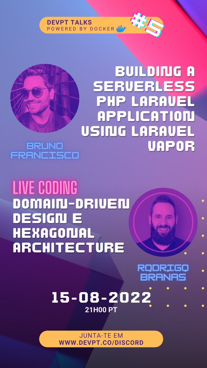 devPTorg's tweet photo. 5° Meetup - devPT Talks powered by Docker🐳
15 Set 21h - Discord c stream no Zoom!

1️⃣Building a serverless PHP Laravel application using Laravel Vapor c Bruno Francisco
2️⃣Live Coding - Domain-Driven Design e Hexagonal Architecture c @rodrigobranas 

https://t.co/9jT4eewsMn https://t.co/npbl824x5h