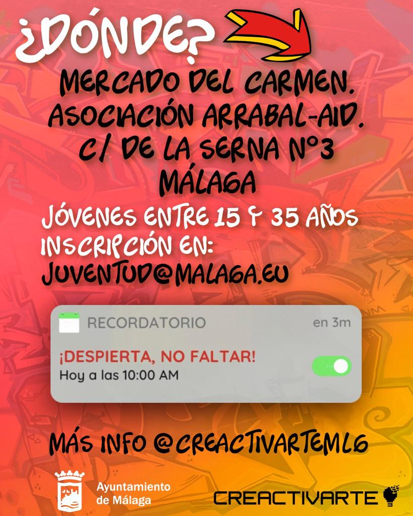 ArrabalAID's tweet photo. 📣 Todavía puedes participar en el taller de #Grafiti+#ArteUrbano de #Creactivartemlg+ @MalagaJuventud de este sábado #10Septiembre en el coworking @MercElCarmen+@ArrabalAID. Una oportunidad de descubrir técnicas (stencil, pixel art, muralismo) y aprender con las manos manchadas! https://t.co/XCDvbiL6Cg