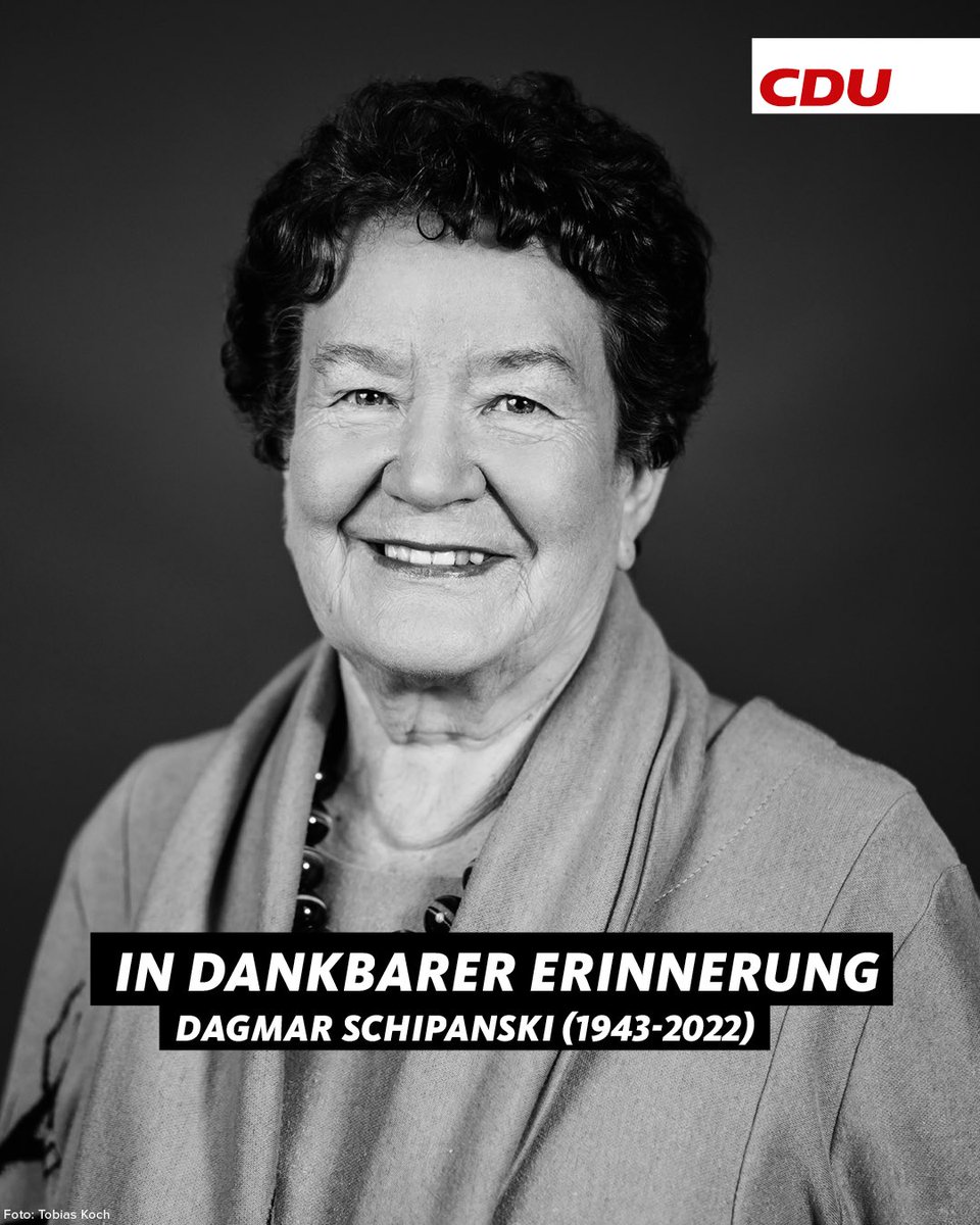 CDU's tweet photo. Eine wichtige Stimme für uns, die leider verstummt ist: Wir trauern um eine überzeugte Christdemokratin und einen großartigen Menschen. Liebe Dagmar #Schipanski, ruhen Sie in Frieden. https://t.co/C9IifUBVZQ