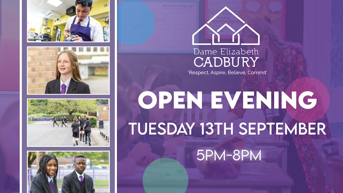 FollowDECTC's tweet photo. Don't forget that we're holding our Year 7 Open Evening on Tuesday between 5pm - 8pm. Come and join us to get an insight into what it's like to be a student at Dame Elizabeth Cadbury School✏️.
🎟️Book your place now: https://t.co/SUrRA2ulgB
#OpenEvening #Year7 #Year6 https://t.co/ohM7qhKQ0Q