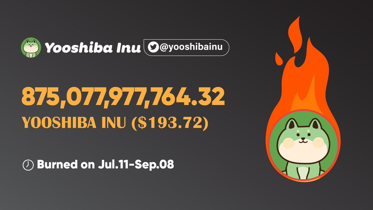 Daily $YSHIBAINU Burn Update ‼️

Tokens Burned from buying, selling and transfer.

Date Covered: July 11 - September 08, 2022 UTC.

Total Burned Tokens: 875,077,977,764.32

Burned in Percentage: 60.285%

More Burnings to Come.