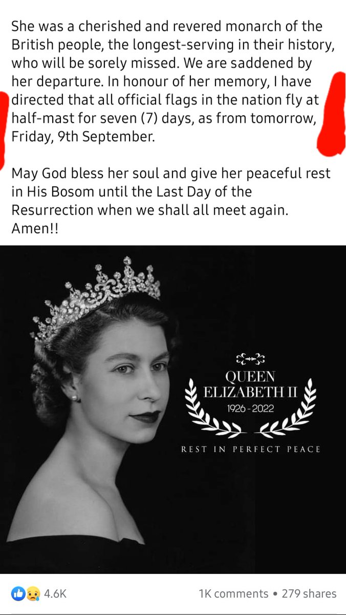 William47704073's tweet photo. Let no Ghanaian be surprised if our staunch Funeral Contractor &amp; self-imposing Chief Mourner, @NAkufoAddo organize Funeral for late Queen Elizabeth II in Ghana.

Now, he has "directed that all official flags in the nation fly at half-mast for seven (7) days, from tomorrow". https://t.co/co8gIi4fZp