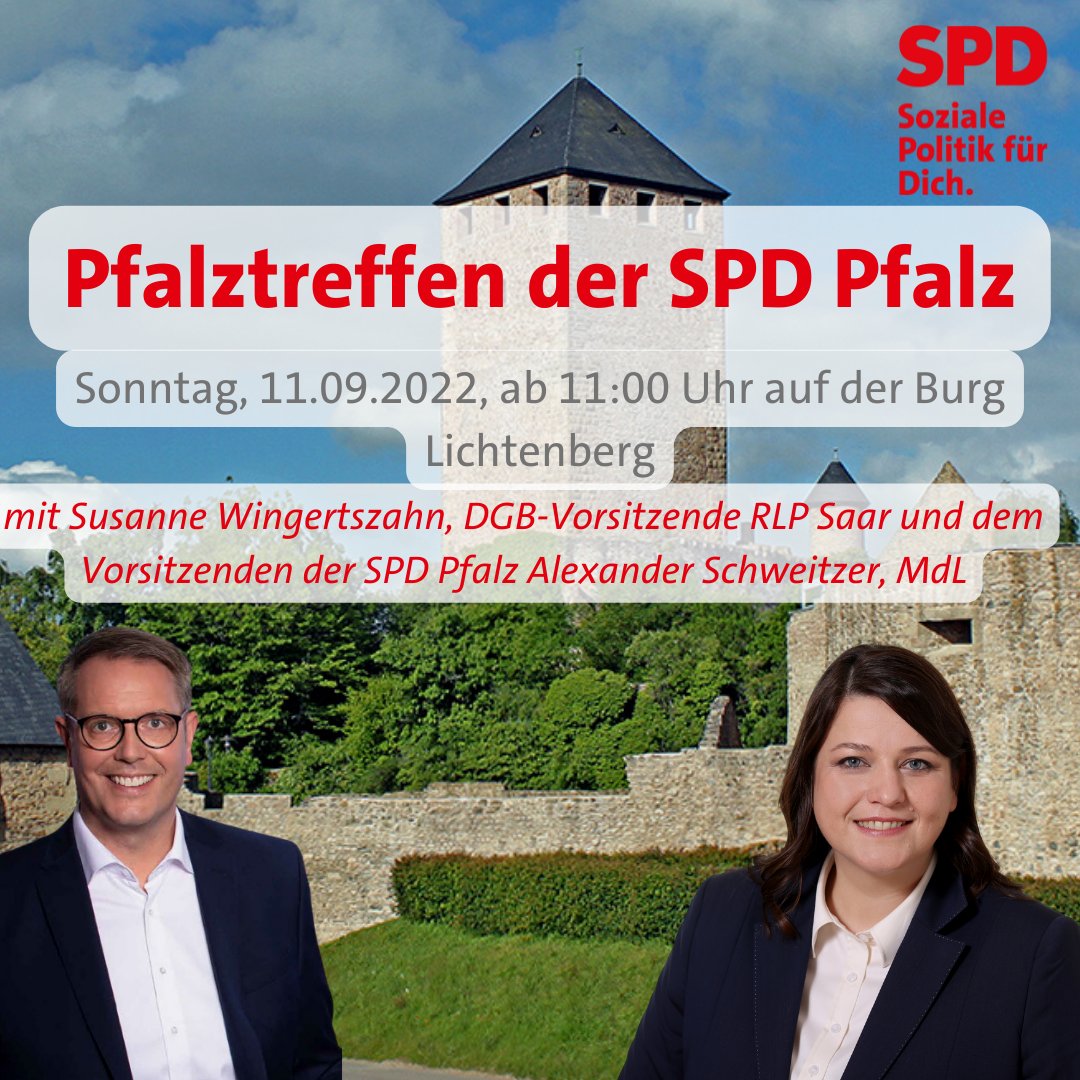 spdrlp's tweet photo. Komm zum #Pfalztreffen der Pfälzer SPD! Los geht's am Sonntag, 11. September 2022 um 11:00 Uhr auf der Burg Lichtenberg in Thallichtenberg. Wir freuen uns auf tolle Gäste, leckeres Essen und gute Musik. 🙋🥙���� https://t.co/877QgOp5Yi