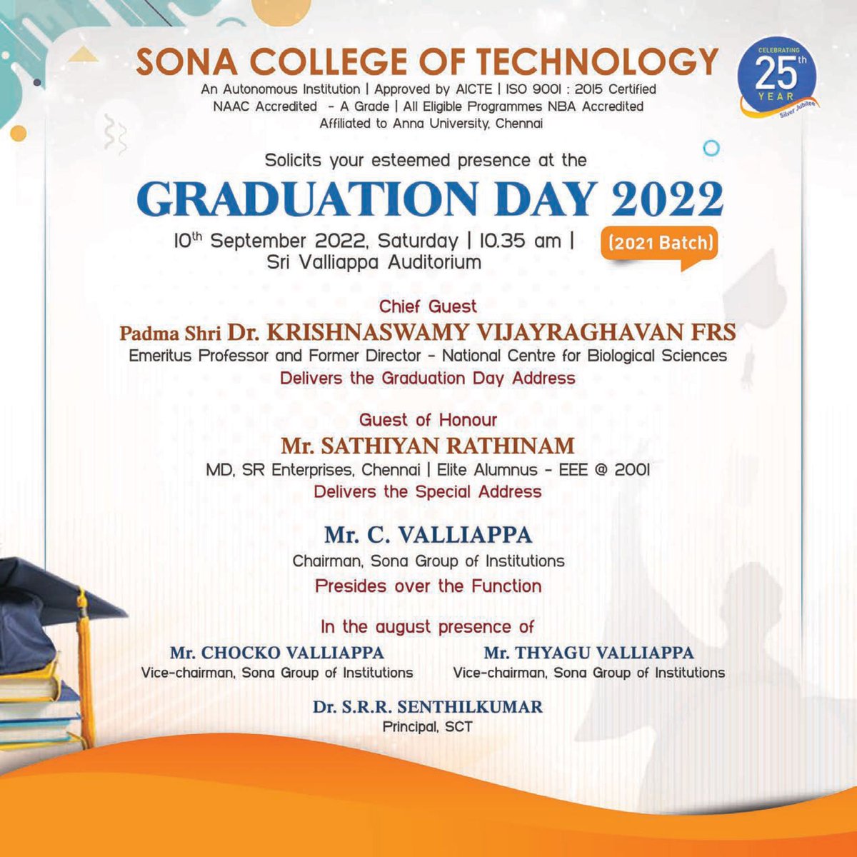 sonacollege's tweet photo. Celebrating the graduation of the #Classof2021!
@sonacollege congratulates the Class of 2021 & celebrates the occasion on 10th September at the Sri Valliappa Auditorium. Witness the #GraduationDay2022 live on YouTube live stream: https://t.co/sii0ZYwihH
#SonaAt25 #sonatech https://t.co/WAfaHI9v5H