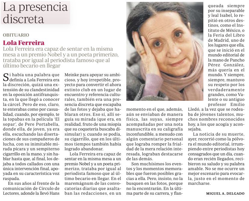Javier__Sierra's tweet photo. Recibo la triste noticia del fallecimiento de Lola Ferreira, un hada entre bambalinas del mundo editorial que tuve el placer de conocer y la ocasión de admirar. Una diplomática de las letras que debe crear escuela. 
Buen viaje, Lola. Y gracias. https://t.co/jnIqOpVKoW