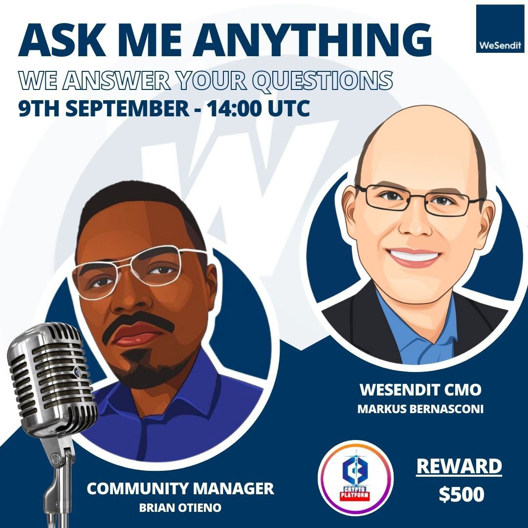 Plat_CryptoUSA's tweet photo. ⚔️AMA Series With WeSendit

🎁Prize: $500
📆Date: 9th September , 2022, 14:00 UTC
🏨 Venue: https://t.co/t24qZz94YY

〽️ Rules:

1️⃣. Follow

@CryptoPlatform6

@WeSendit
 
2️⃣. Like Retweet &amp; Comment Your Questions (5 Questions Max) Tag 3 friends. https://t.co/WtNJ3QUsIH