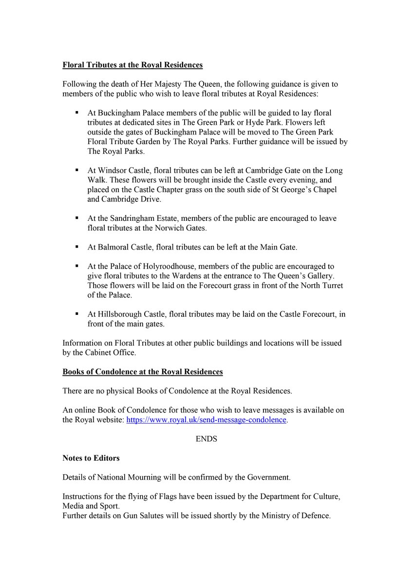 Buckingham Palace: Mourning and condolence arrangements at the royal residences.