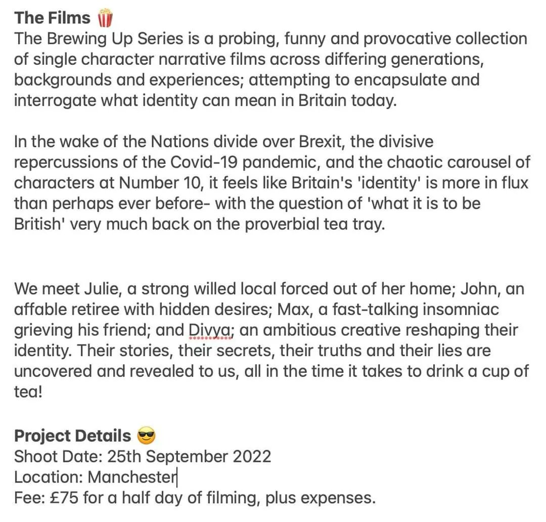 We're still looking to cast one of the lead roles in our new film series 'Brewing Up' 🎥🫖

Actors 50+, take a look at the character brief and production details below, and get in touch with us at contact@bloodybandit.com! 

#shortfilm #indiefilm #casting #castingcalls #auditions