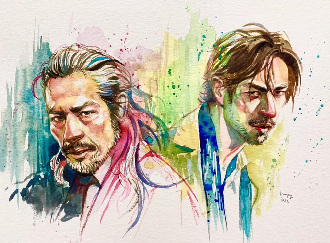 エルダーの父子を描いてみました。映画「ブレット・トレイン」のエルダー(真田広之さん)とキムラ(アンドリュー・小路さん)。アンドリュー・コージさんのファンなのでキャスティングとてもとても嬉しかったです。#bullettrain #hiroyukisanada #andrewkoji#fanart#watercolor 