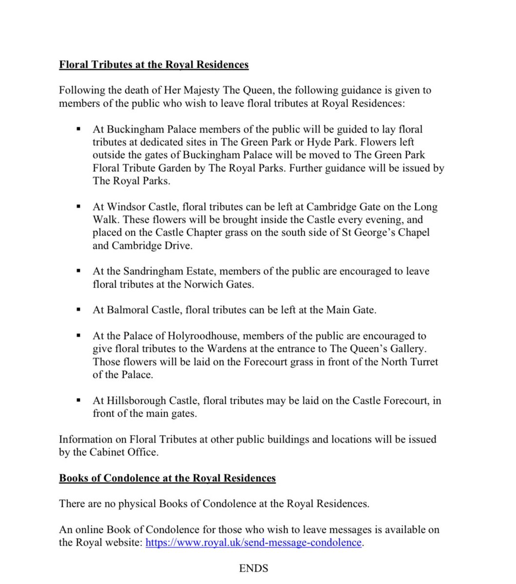 Buckingham Palace have shared details of mourning and condolence arrangements, including King Charles’ wish that a period of Royal Mourning is observed “from now until seven days after The Queen’s Funeral,” and the timings of gun salutes in London today.