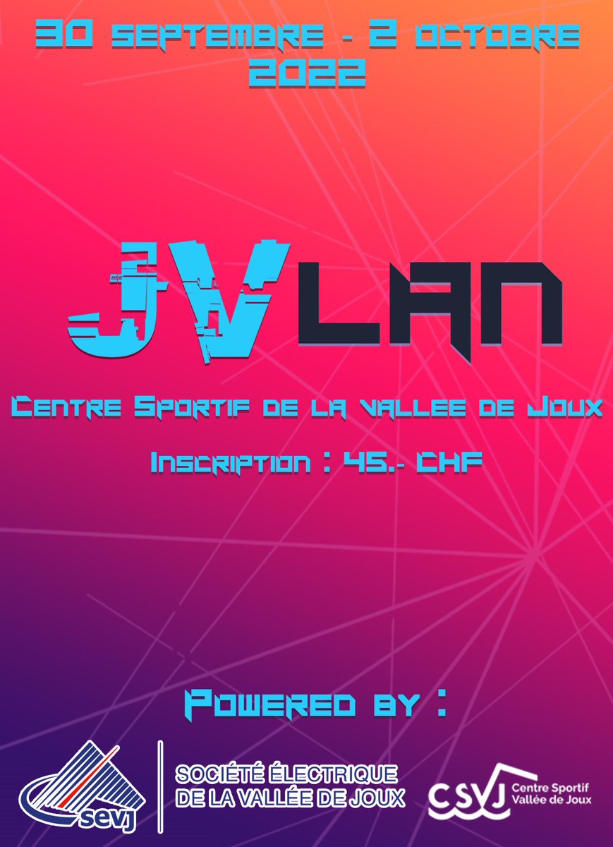 Voici notre tout premier événement 🥳 une véritable LAN à notre sauce. Toutes les explications sont dans l'article ainsi que la billetterie. 

- 3 jours de gaming sur place
- Repas compris dans le prix
- Sponsors: SEVJ, CSVJ ❤️

JV_LAN : jvmag.ch/2022/09/09/jv_…