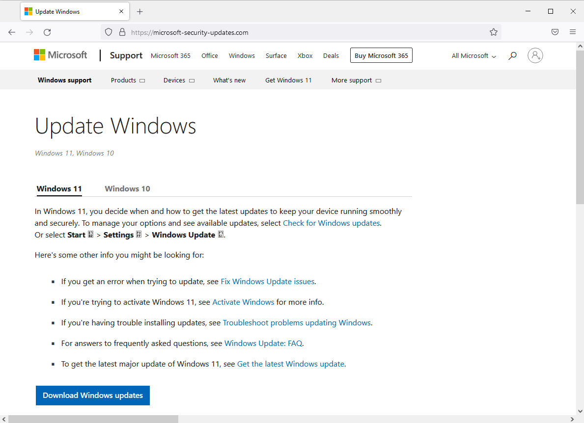 Fake Windows update. Domain registered 3 days ago. 
- microsoft-security-updates[.]com

Downloads password protected ZIP file "Windows.zip" (8d93256c7383542996d533cfa1de4696) containing the executable "Windows Update.exe". Unfortunately don't know the password.