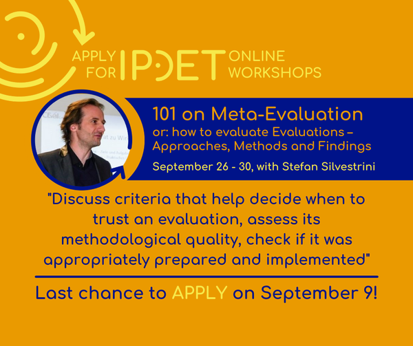 IOCE_eval's tweet photo. 🗣️Last chance to apply to the @IPDET_community online workshop on #metaevaluation
📄Details: https://t.co/xjNThmO80T
✒️Apply here: https://t.co/CWHcHHr6Zi
#IOCEval https://t.co/wPYSo8NpPy