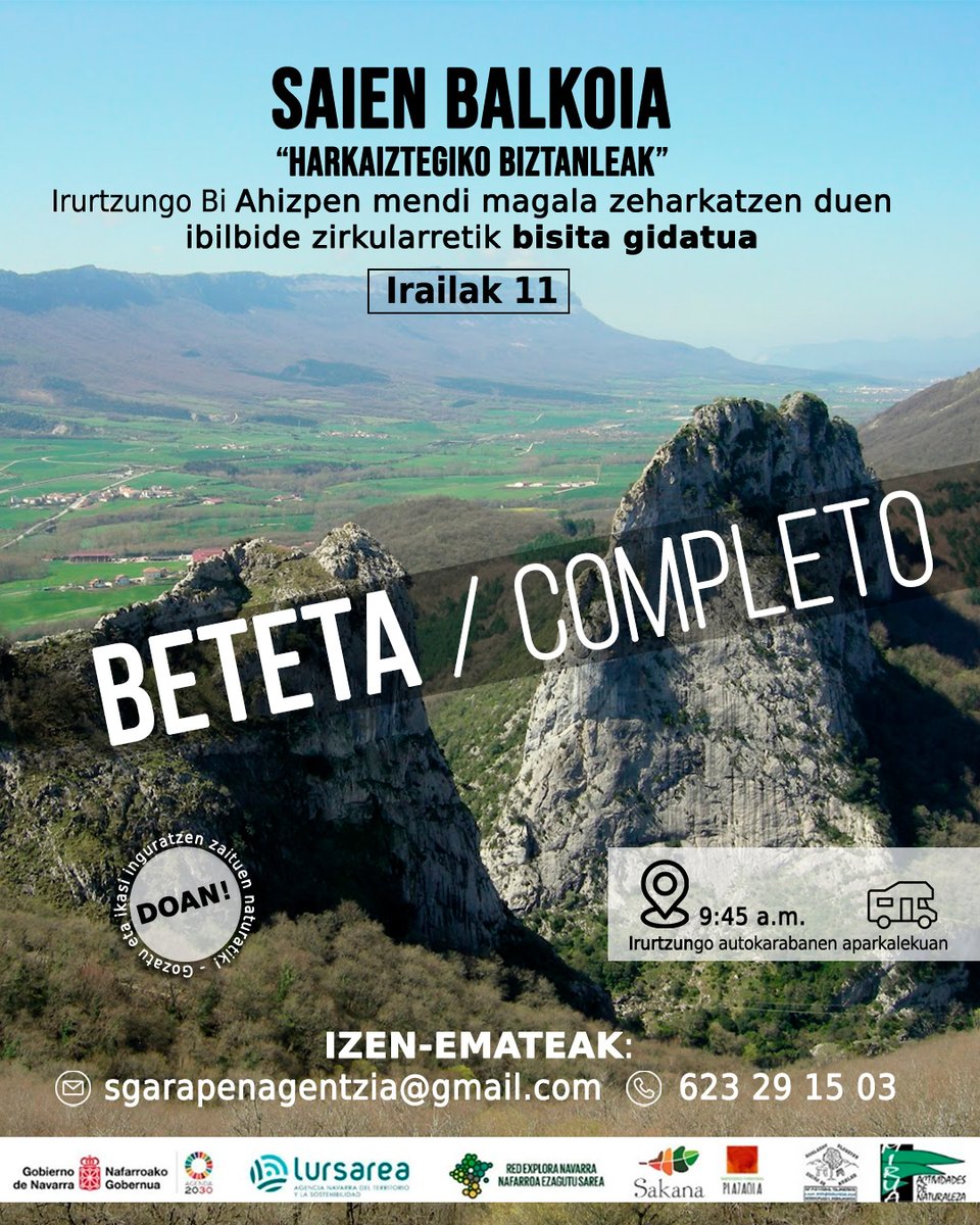 SAKANAgaratzen's tweet photo. [eus] ❌ Izen emateak bete dira, eskerrik asko denoi! 👍
[cas] ❌ Inscripciones completas, ¡muchas gracias a tod@s!
____
#txangoak #bisitagidatuak #Sakana #irurtzun #saienbalkoia #lursarea #Mirua #RedExploraNavarra https://t.co/ObRhO9n0mz