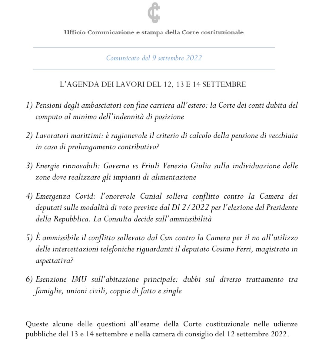 CorteCost's tweet photo. Alcune delle questioni all’esame della Corte costituzionale nelle udienze pubbliche del 13 e 14 settembre e nella camera di consiglio del 12 settembre 2022.

https://t.co/3mAQFVZpmk

Sintesi a cura dell’Ufficio Ruolo.

#Comunicato #Agenda #Cortecostituzionale https://t.co/Q5GPWXP7oq