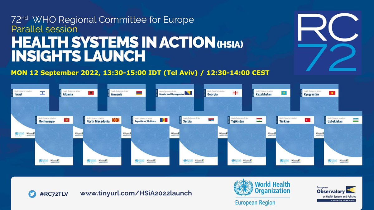 OBShealth's tweet photo. Coming soon for policy-makers📢 

Health system summaries of 14 non-EU Member States 🇮🇱🇬🇪🇲🇪🇹🇯🇲🇰🇰🇬🇺🇿🇦🇲🇰🇿🇦🇱🇧🇦🇹🇷🇲🇩🇷🇸

Register now to learn about this rich work from @WHO_Europe with support from the Observatory 
🕛 Mon 12 Sep 12:30 CEST live from #RC72TLV 👉
https://t.co/6So9RG8Jza https://t.co/U4fb7boLGr