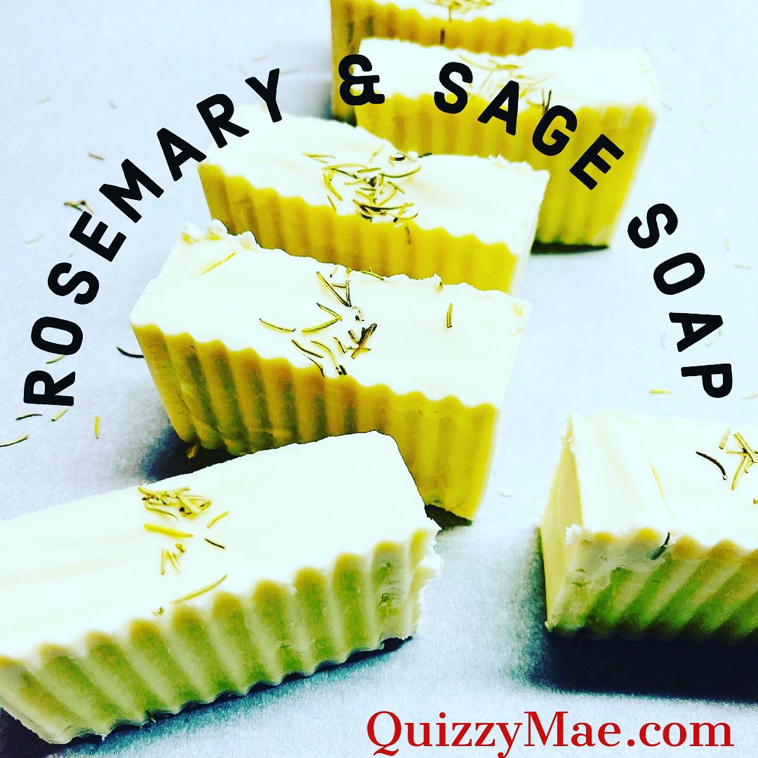 Rosemary & Sage soap is made with four main ingredients in addition to rosemary and sage essential oils. This bar of soap is very moisturizing! Shop at QuizzyMae.com #sagesoap #rosemarysoap  #blacketsy #blackownedbusiness #shopsmall #soapartisan #handmadesoap