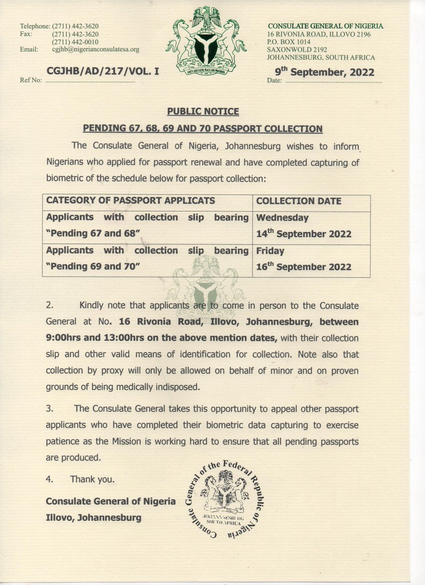 PUBLIC NOTICE: PENDING 67, 68, 69, AND 70 IS READY FOR COLLECTION. COLLECTION DAYS ARE WEDNESDAY AND FRIDAY 9AM-1PM.