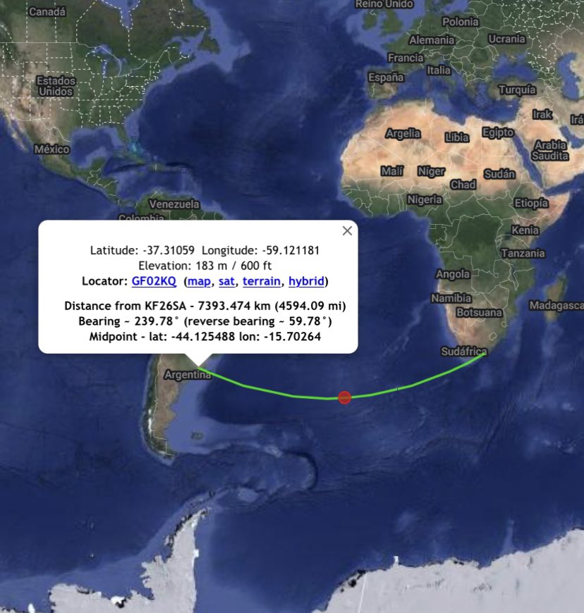 Nuevo #record personal en RS-44 🛰
7393km to #LU3EQ 🔛 #ZS2BK 🙌🏼
GF02kq 🇦🇷 ~ KF26sa SOUTH ÁFRICA 🇿🇦

#hamradio #satellite #rs44