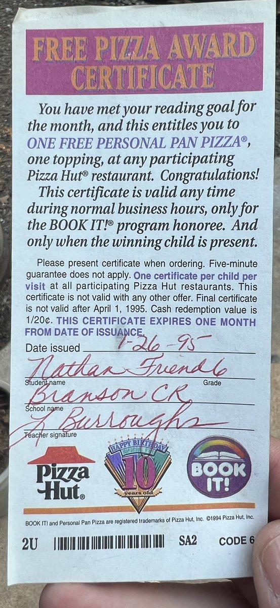 natefriend's tweet photo. Yo @pizzahut I just found this in some of my Mom’s old stuff. I know it says it expired 2/26/95 but are expiration dates actually real? https://t.co/3AuFeGY0j9