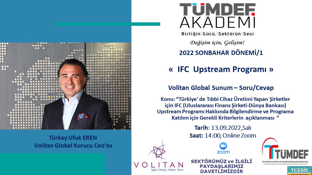 tumdef's tweet photo. Tumdef Akademi konu Türkiye 'deTıbbi Cihaz Üretimi Yapan Şirketler için IFC( Uluslararas Finans Şirketi-Dünya Bank)Upstream Progr. Hakkında Bilgi. ve Programa Katılım için Gerekli Kriter. açıklanması @kyz841
Zoom link  13.09.2022 ,  Saat 14
https://t.co/TwJNzBaZ88 
Parola:661076 https://t.co/eHHpvw4XHJ
