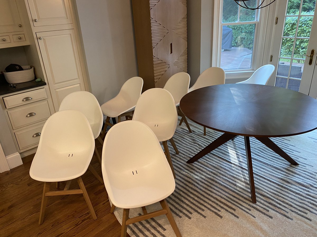 After building three of these mofos incorrectly and was on the brink of taking an axe to each of them, my hubby finished the job and then arranged the chairs to evoke Eleanor Anton’s “100 Boots” series so I’d agree to sit in them after vowing to never even look at them.