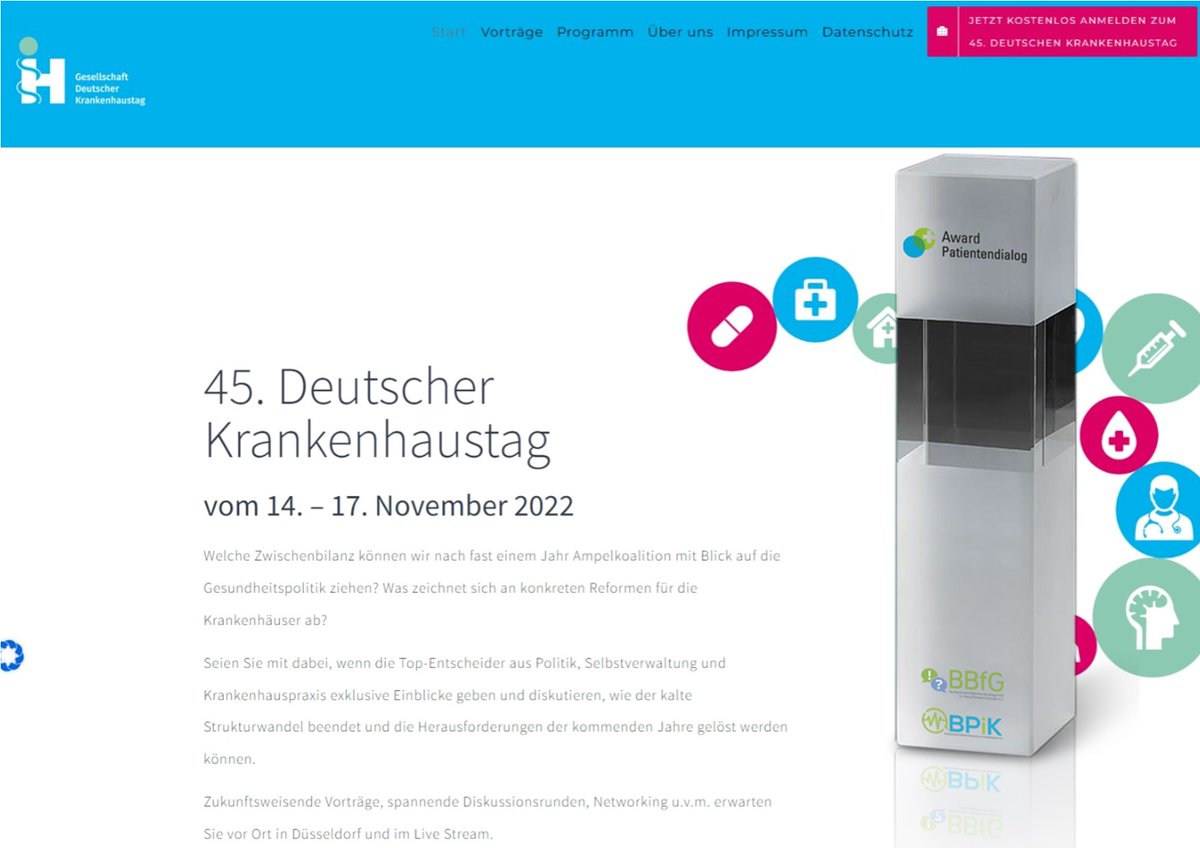 Große Ehre: Wir verleihen den Award Patientendialog dieses Jahr im Beisein von Bundesgesundheitsminister Prof. Karl Lauterbach - zur Eröffnung des Deutschen Krankenhaustages und der medica am 14.11. in Düsseldorf. deutscher-krankenhaustag.de/programm-45-dk…