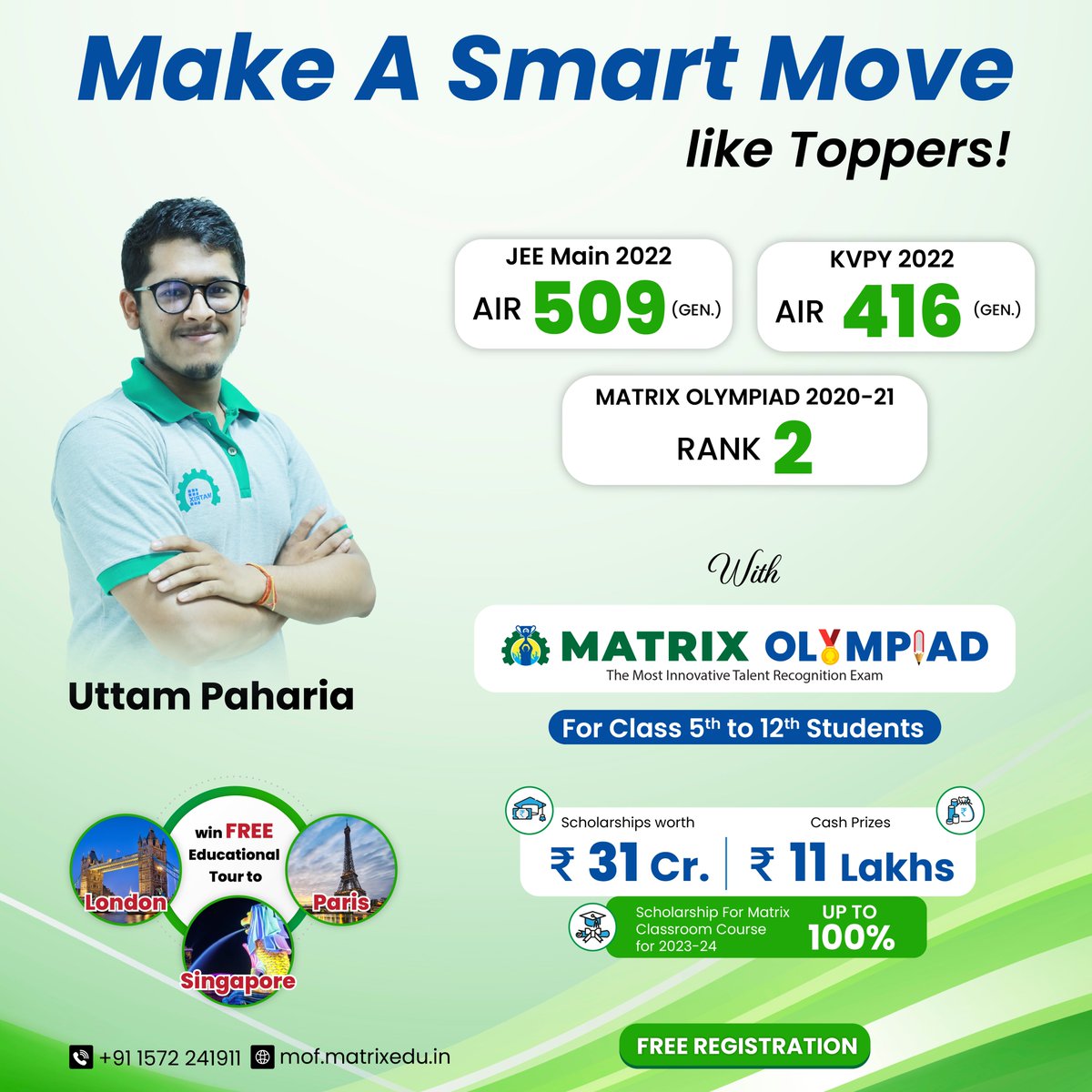 MatrixSikar's tweet photo. Make a smart move like Uttam Paharia, a Matrix #Topper in #JEEMain2022 with AIR 509(Gen.) who also secured an AIR 416 in #KVPY2022.
Uttam chose the #MatrixOlympiad to begin his career in the right direction & so can you!
Register for Free: https://t.co/E6CNWmmlea
#scholarship https://t.co/Pe0CyHrcjb
