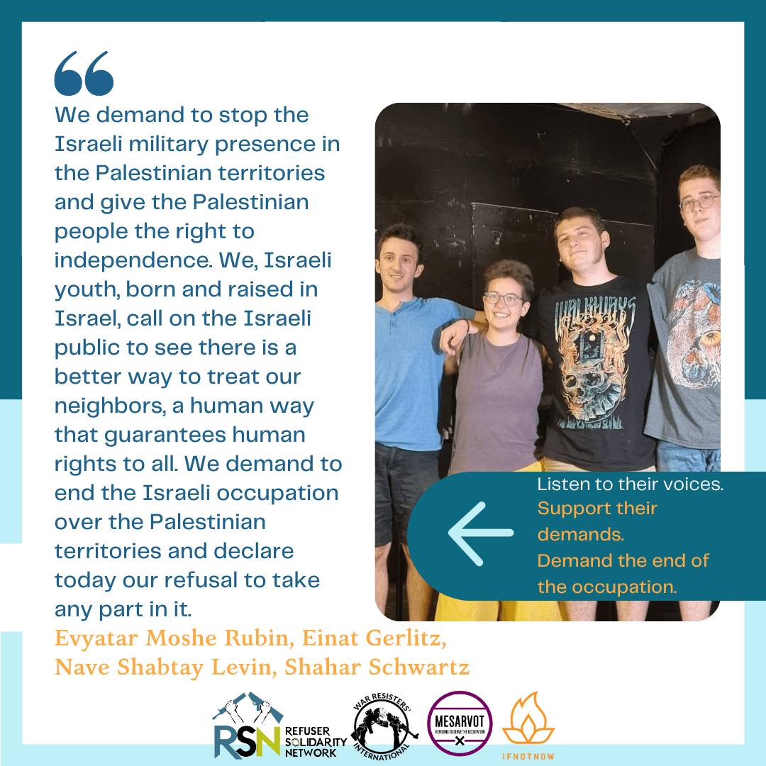 warresistersint's tweet photo. Take Action: Support Israeli refusers, #SupportThe4
This week in #Israel, 4 conscientious objectors have jointly declared their refusal to join the Israeli army and were sentenced to prison. See here how you can support them: https://t.co/AdPql8EuDT https://t.co/QPiACD6xfR