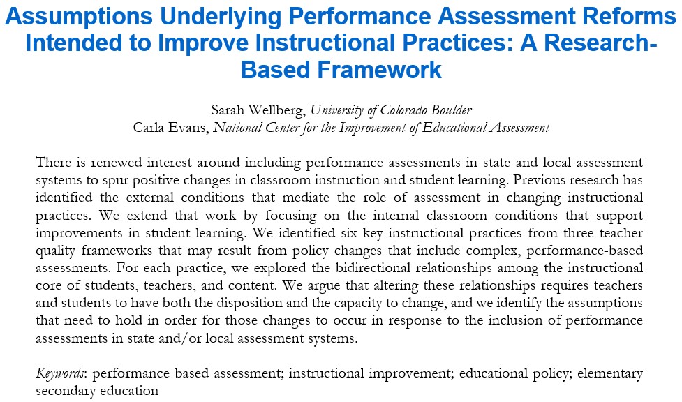 The article I wrote with <a href="/CarlaMEvans/">Carla Evans</a> during my internship with @NCIEA1 last year has been published! We developed a framework identifying the assumptions that must hold for performance assessments to actually drive instructional improvements. 
scholarworks.umass.edu/pare/vol27/iss…