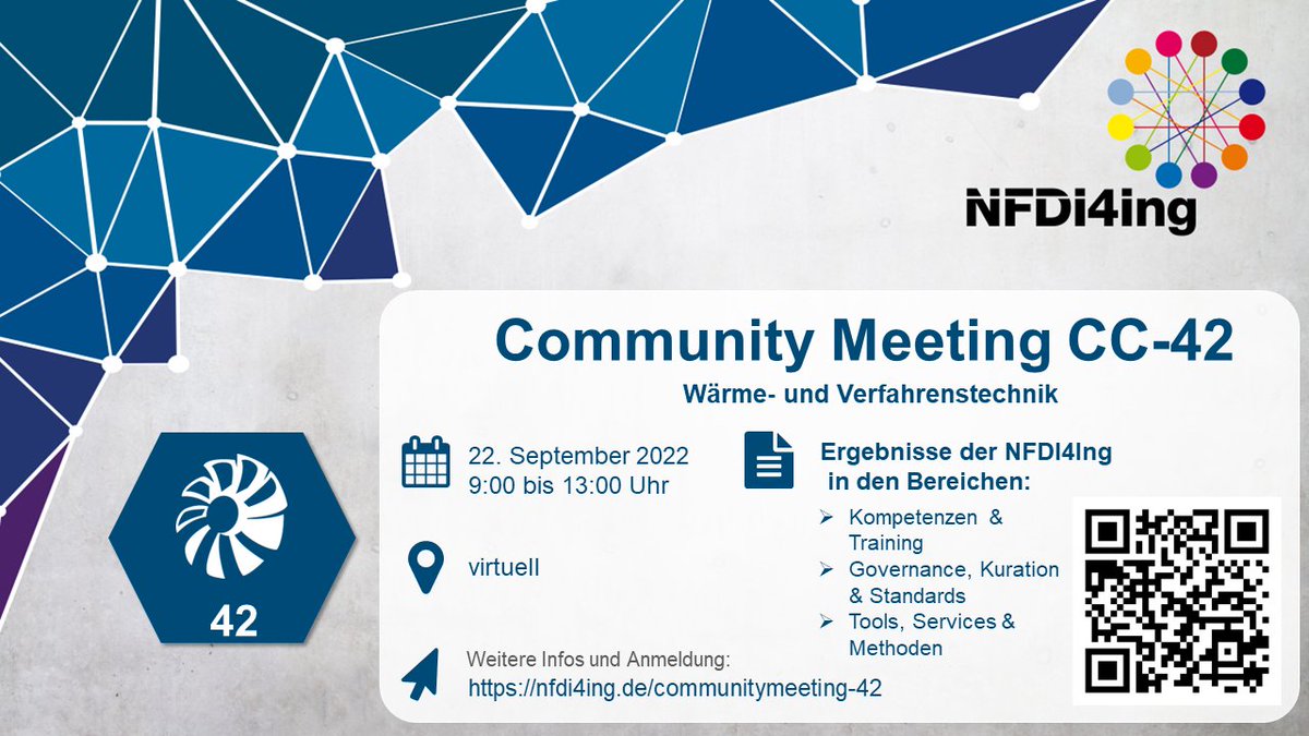 It's meeting time: Our Thermal Engineering / Process Engineering community comes together on 22 September 2022. Please register here: nfdi4ing.de/events/communi…