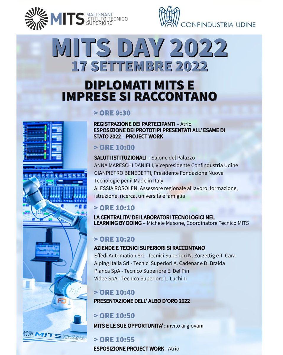 ConfindustriaUd's tweet photo. 🗓️ sabato 17.09 ⏰9.30 📍Palazzo Torriani
#MitsDay 2022: diplomati e #imprese (#EffediAutomation, #AlpingItalia, @piancadesign, #Videe) si raccontano
🎙️ Interventi di @MareschiAnna, Gianpietro #Benedetti e @alessiarosolen
#Its #formazione #istruzione #giovani https://t.co/eAu5v6KIsP