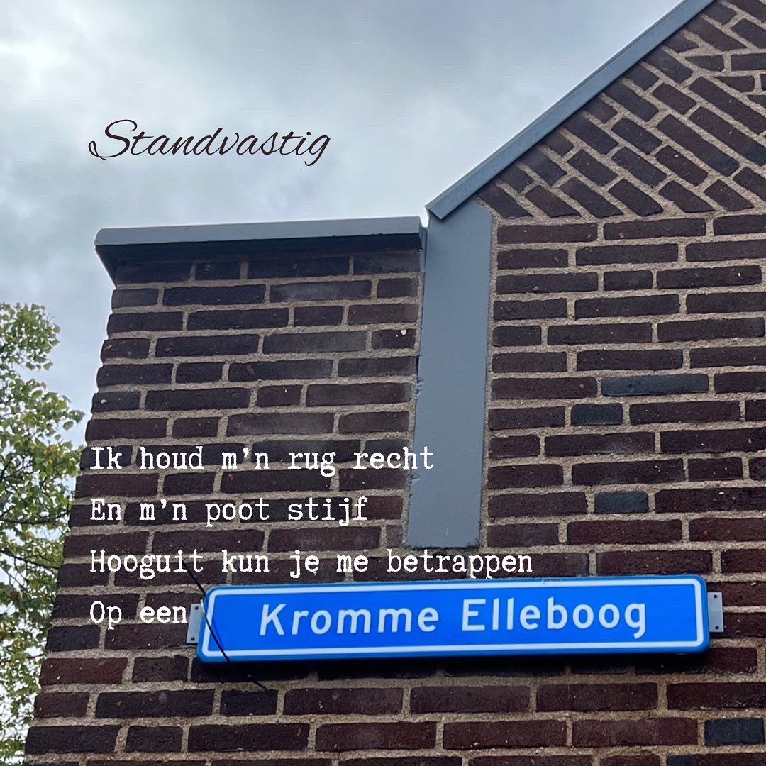 same_geek's tweet photo. Standvastig

Ik houd m’n rug recht
En m’n poot stijf
Hooguit kun je me betrappen
Op een kromme elleboog

#straatnaampoëzie #straatnaam #krommeelleboog #meppel #standvastig #rugrecht #pootstijf #spreekwoordelijk #schrijversvaninstagram #samegeek https://t.co/4bZYndhwsk