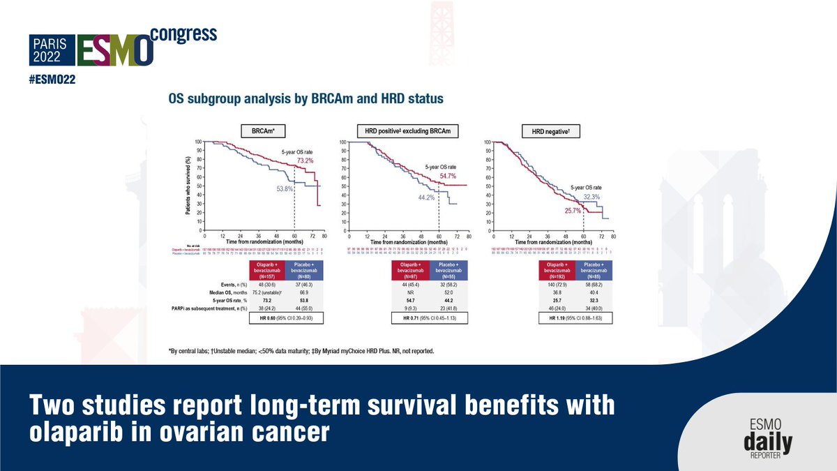 myESMO's tweet photo. Olaparib shows durable clinical benefits in HRD+ patients with advanced #OvarianCancer: results from the phase III SOLO1/GOG-3004 and PAOLA-1/ENGOT-ov25 trials at #ESMO22. 

To know more👉https://t.co/X2h15UujEI https://t.co/EsIiuCoZVu