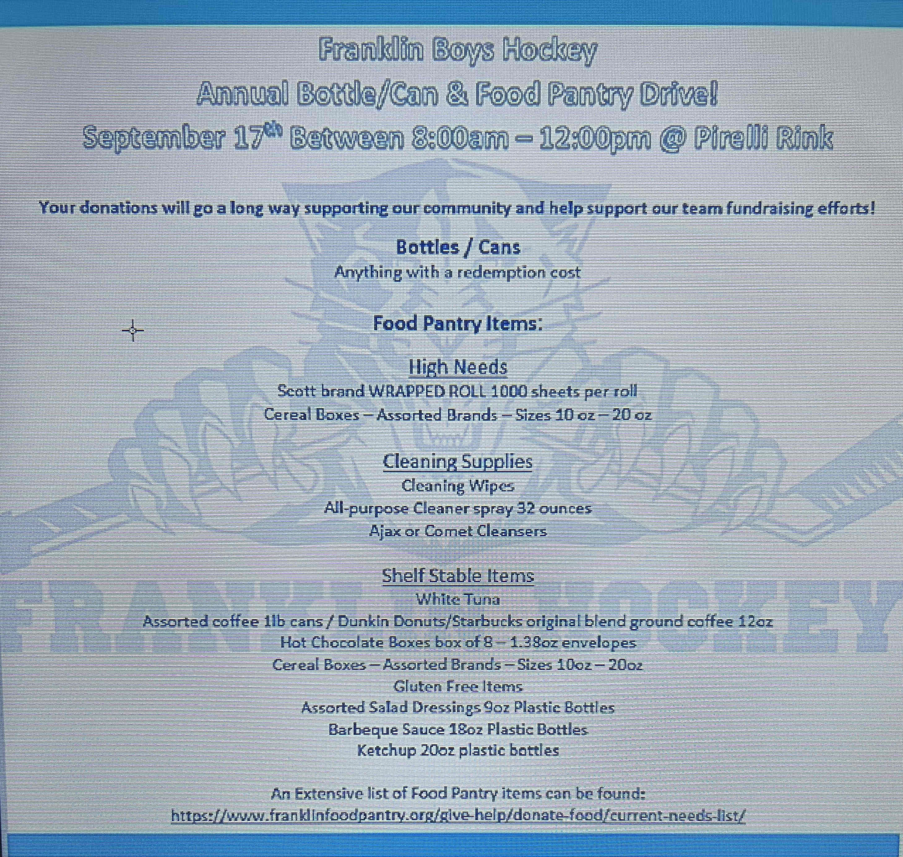 Franklin Boys Hockey schedules their Annual Bottle/Can & Food Pantry Drive!