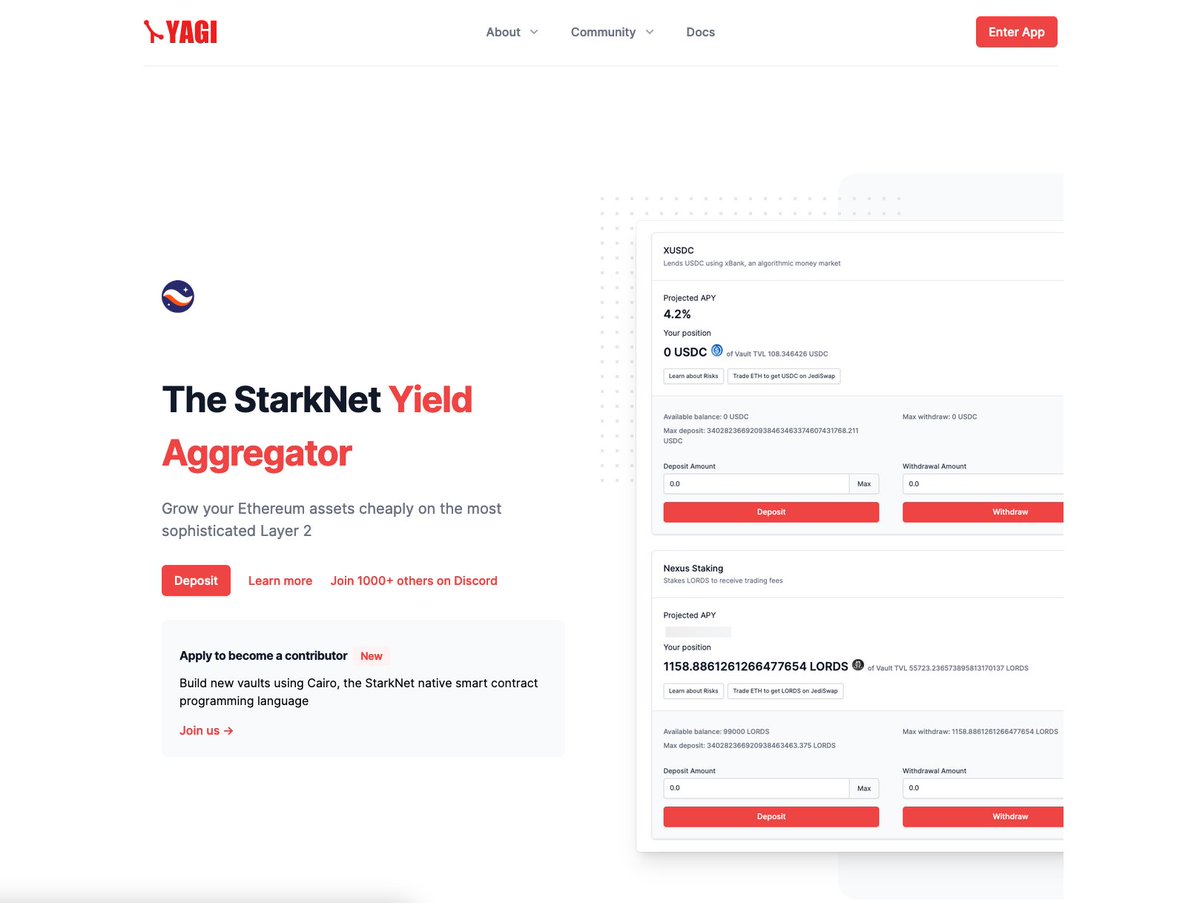 New website just dropped yagi.fi.

Thanks to <a href="/AstralyXYZ/">Astraly Labs</a> <a href="/EmpiricNetwork/">Pragma (prev Empiric Network)</a> <a href="/JediSwap/">JediSwap</a> <a href="/matchbox_dao/">MatchboxDAO</a> <a href="/LootRealms/">Realms.World ☁️</a> <a href="/PlayRedline/">Redline</a> <a href="/topology_gg/">Topology</a> <a href="/xBankFinance/">xBank</a> (among others) for rocking with us.