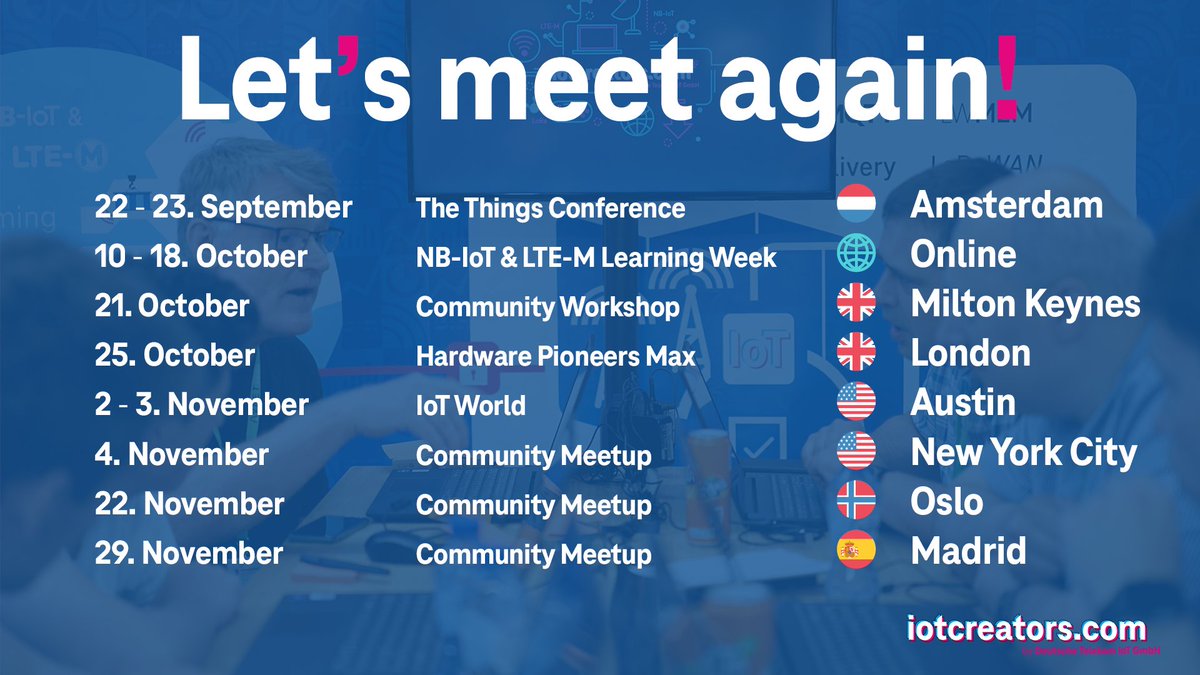 iotcreators's tweet image. Hey, let&apos;s meet again! 👀

Upcoming are plenty of #events, #community #meetups and #workshops.
We will share detailed information about each event over the next weeks.

All of us are excited to meet you at one of our events.
#doiot #iotcreators #LearningWeek