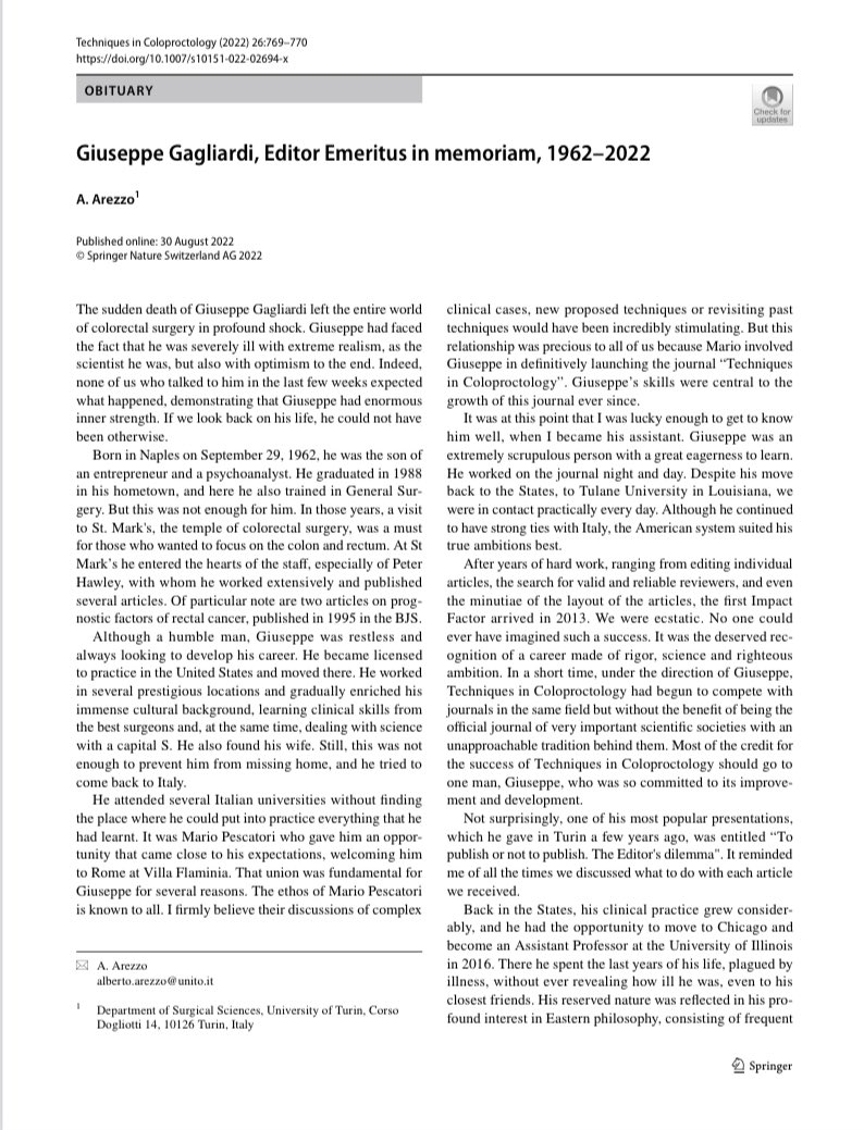 Debby Keller, MD (@debby_keller) on Twitter photo Giuseppe Gagliardi, Editor Emeritus in memoriam, 1962–2022
<a href="/TechColoproctol/">Techniques in Coloproctology Journal</a> <a href="/albertoarezzo/">Alberto Arezzo</a>
He is so missed ❤️
link.springer.com/article/10.100… Giuseppe Gagliardi, Editor Emeritus in memoriam, 1962–2022
<a href="/TechColoproctol/">Techniques in Coloproctology Journal</a> <a href="/albertoarezzo/">Alberto Arezzo</a>
He is so missed ❤️
link.springer.com/article/10.100…