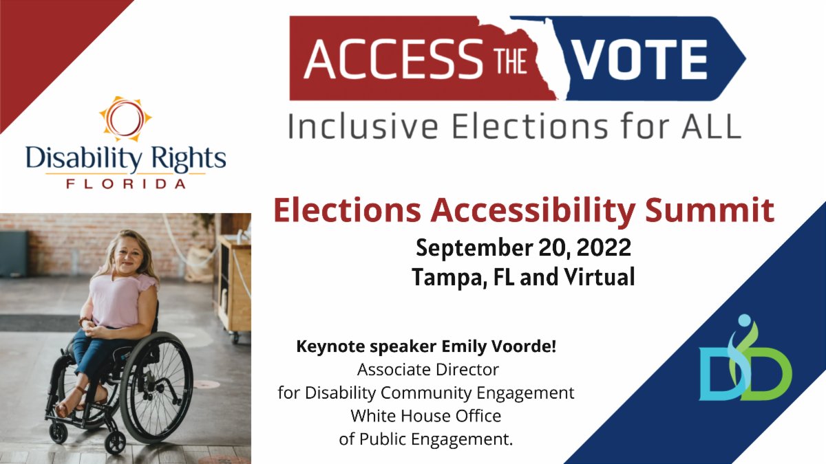FL_DDCouncil's tweet photo. The Elections Accessibility Summit is 9/20/22, virtual and in person in Tampa! Register now: https://t.co/d5AFSSpGCo
#AccessTheVoteFlorida #Disability #DisabilityVote #DisabledVoter #DisabledVote #FDDC https://t.co/sWxtP3vsFg