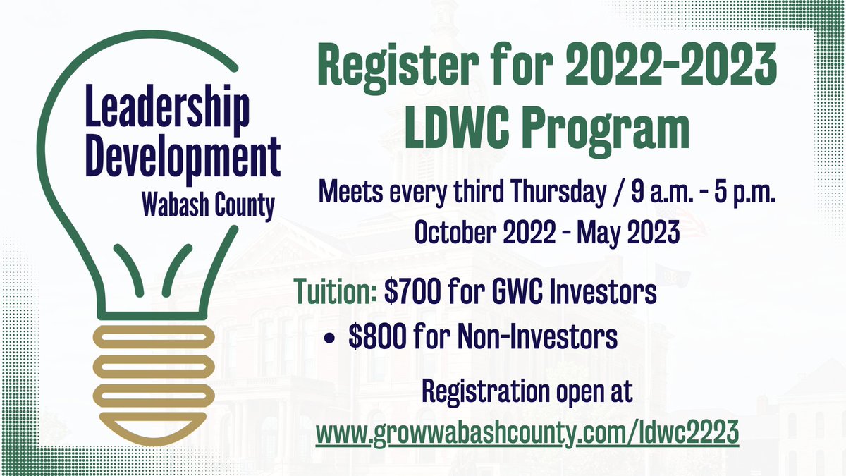 There are still a few spots open for the upcoming cohort of Leadership Development Wabash County!

Register here: bit.ly/3e40Ag2