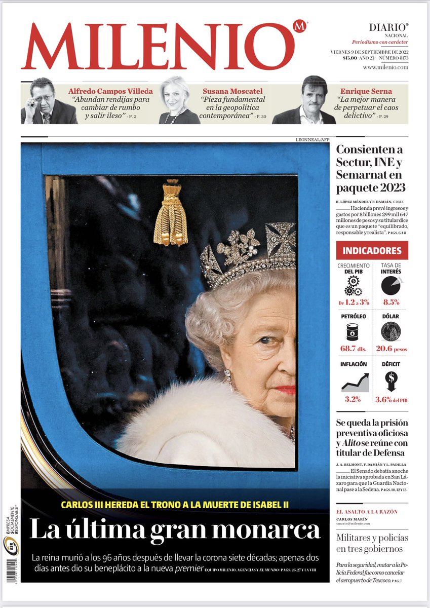 ¡Viernes! Hoy en <a href="/Milenio/">Milenio</a>:
Edición especial dedicada a la muerte de la Reina Isabel.
Irregularidades por 600 millones de pesos en AICM. <a href="/Rafaelopez_Mend/">Rafael Lopez Méndez</a>.
Presupuesto “equilibrado”, ofrece SHCP. De <a href="/fer_damian/">Fernando Damián</a>.
Veracruz va por 80 mmd para el sector energético. De <a href="/YeshuaOrdaz/">Yeshua Ordaz</a>