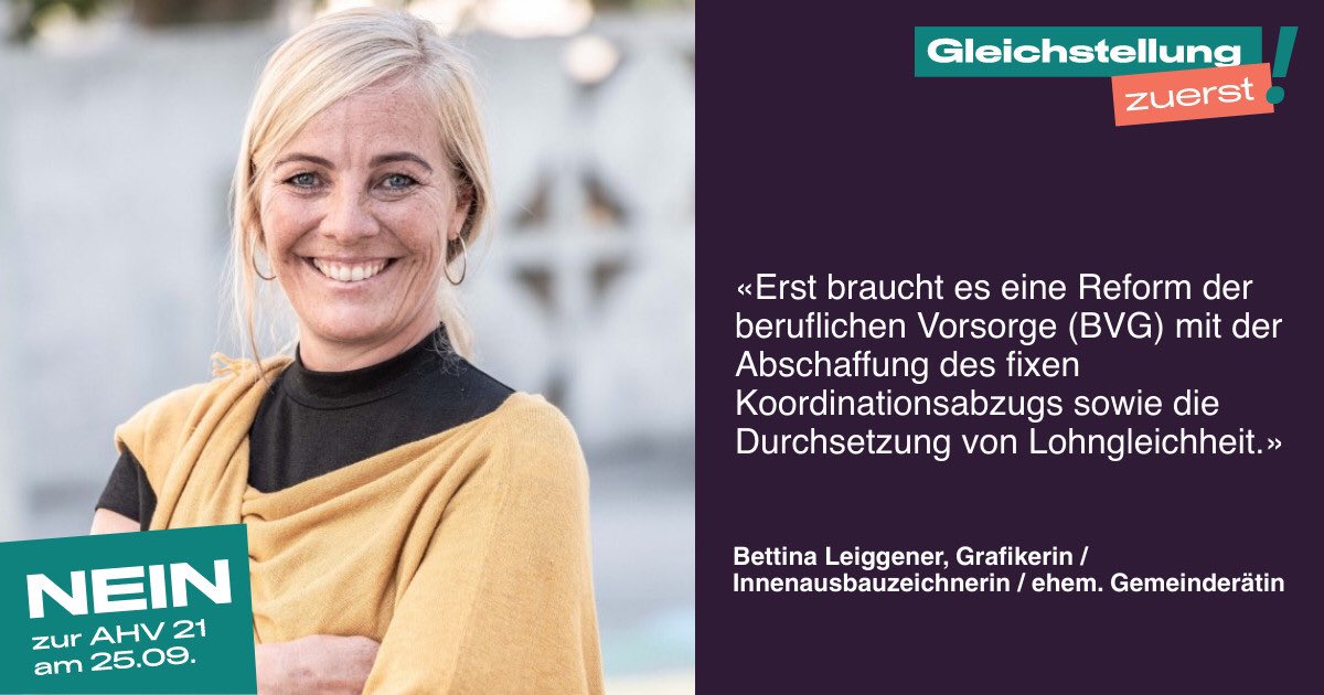 Gleichstellung zuerst! Bevor eine Rentenaltererhöhung in Frage kommt, braucht es die tatsächliche Gleichstellung in der Arbeitswelt.

👉 Sag auch du Nein zu dieser verfrühten und unfairen AHV-Reform und unterstütze uns mit einem Testimonial: ahv-nein.ch 

#AHV21Nein