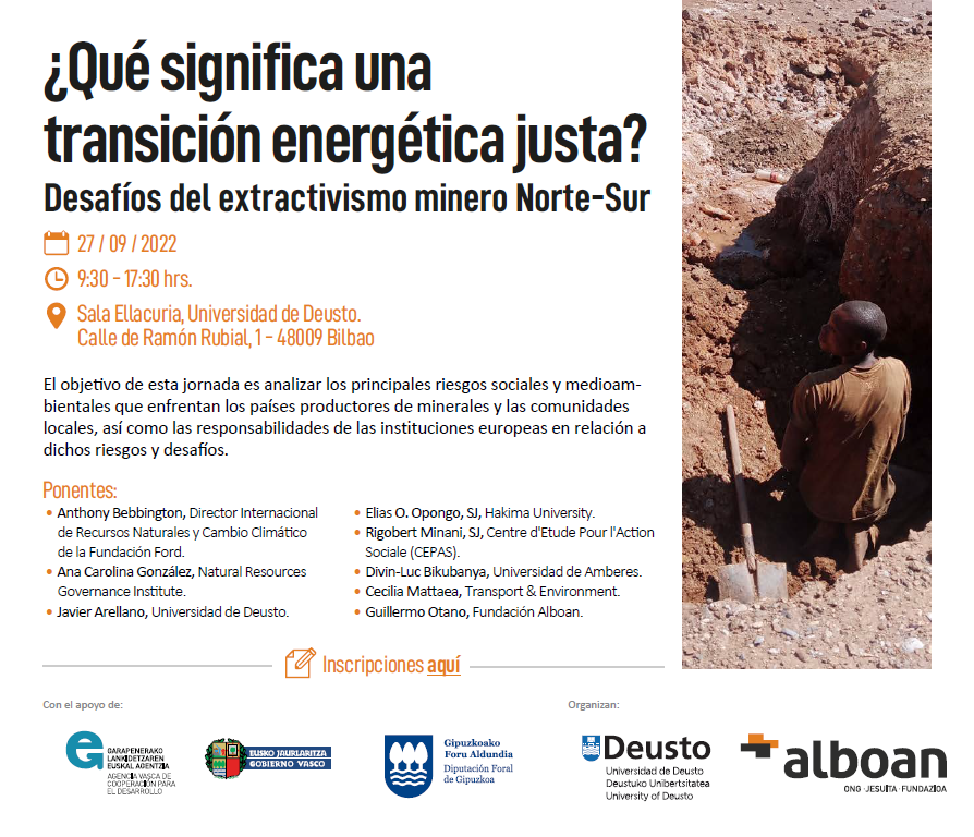 📢JORNADA: "¿Qué significa una transición justa? Desafíos del Extractivismo Minero Norte Sur" por <a href="/deusto/">Universidad Deusto - Deustuko Unibertsitatea</a> &amp; <a href="/ALBOANongd/">Alboan</a> 

🗓️27 de Septiembre
📍Sala Ellacuría, Univ. Deusto, Bilbao
🕙 9:30 - 17:30

Más información: t.ly/jAjs
Inscripciones: t.ly/osfl